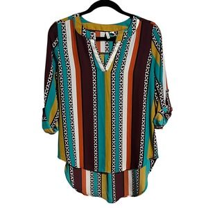 Cato Women's Striped V Neck Roll Tab Sleeve High‎ Low Tunic Top XS